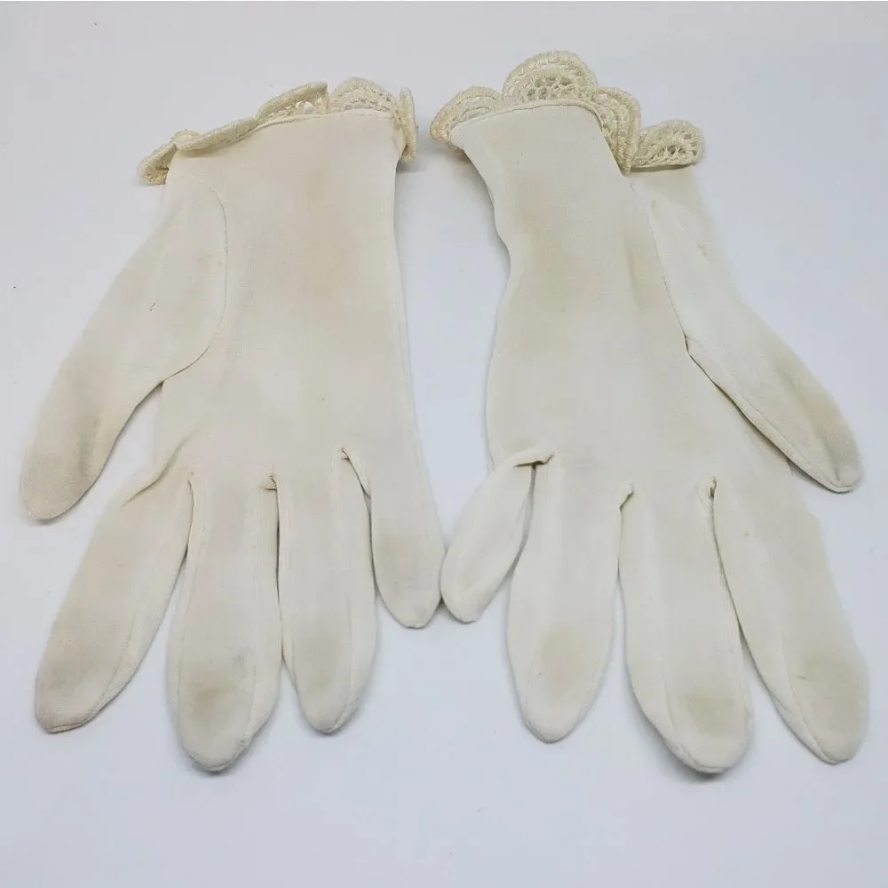 Vintage White Gloves with Lace Trim